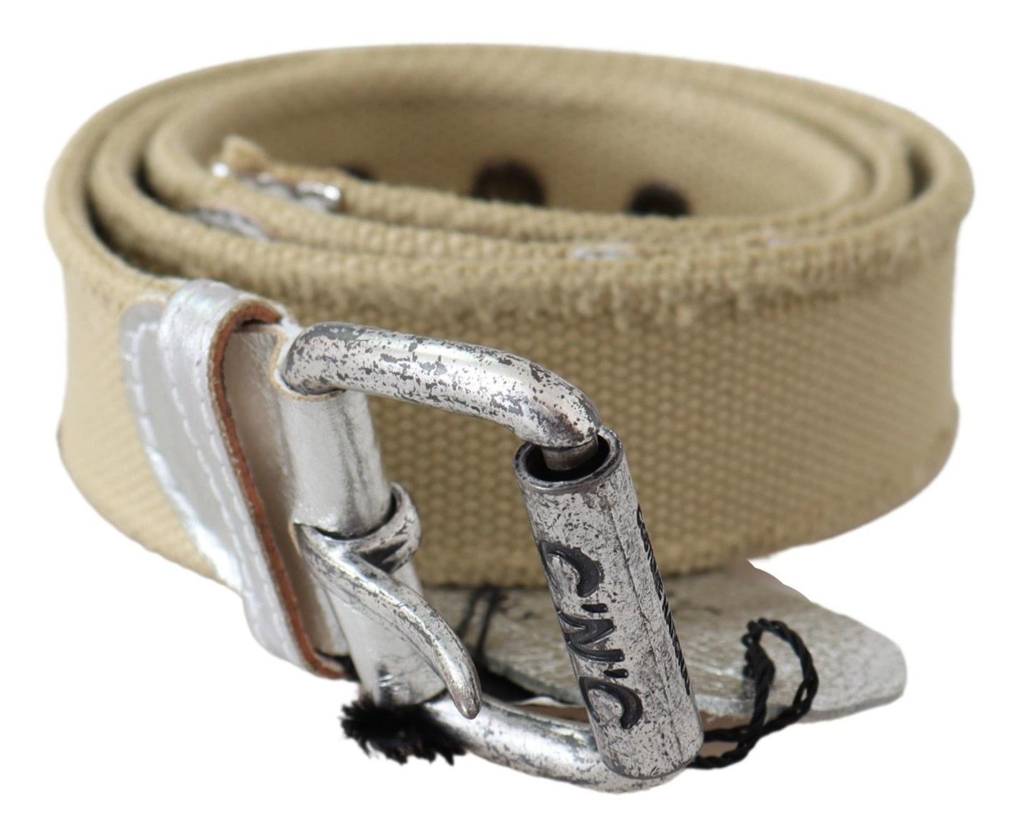 Costume National Beige Cotton Rustic Logo Buckle Belt