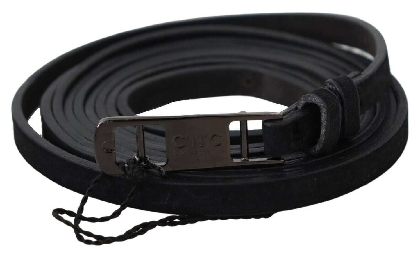 Costume National Black Leather Skinny Logo Buckle Belt