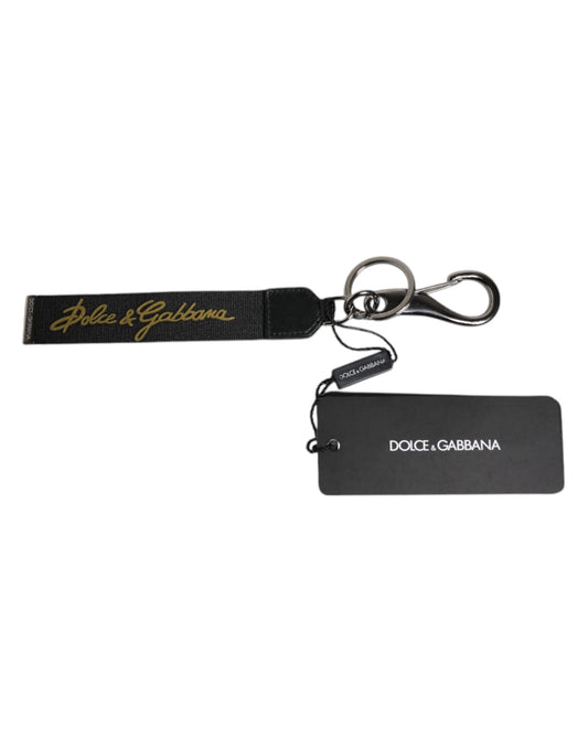 Dolce & Gabbana Black Logo Nylon Silver Brass Men Holder Keychain Keyring