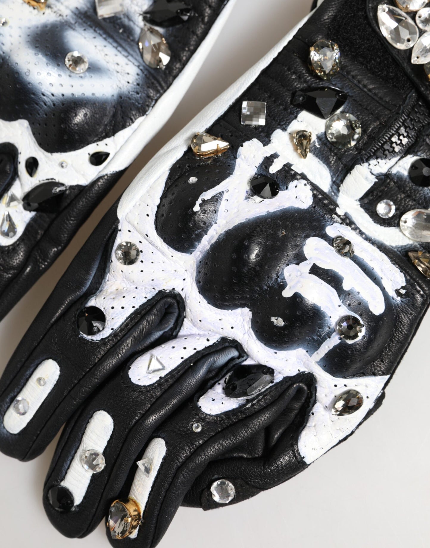 Dolce & Gabbana Gloves Black White Crystal Wrist Length Mitten Gloves