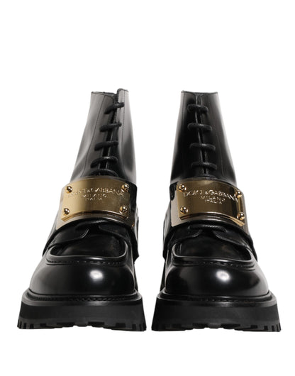 Dolce & Gabbana Black Leather DG Plaque Lace Up Boots Shoes
