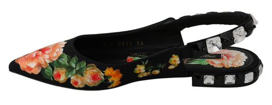 Dolce & Gabbana Black Floral Crystal Slingbacks Flats Shoes
