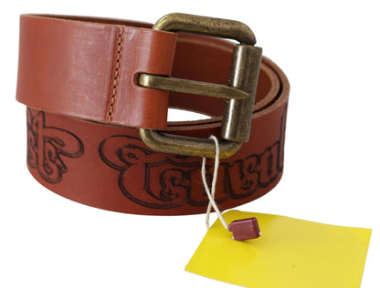 Just Cavalli Brown Leather Logo Bronze Rustic Metal Buckle Belt