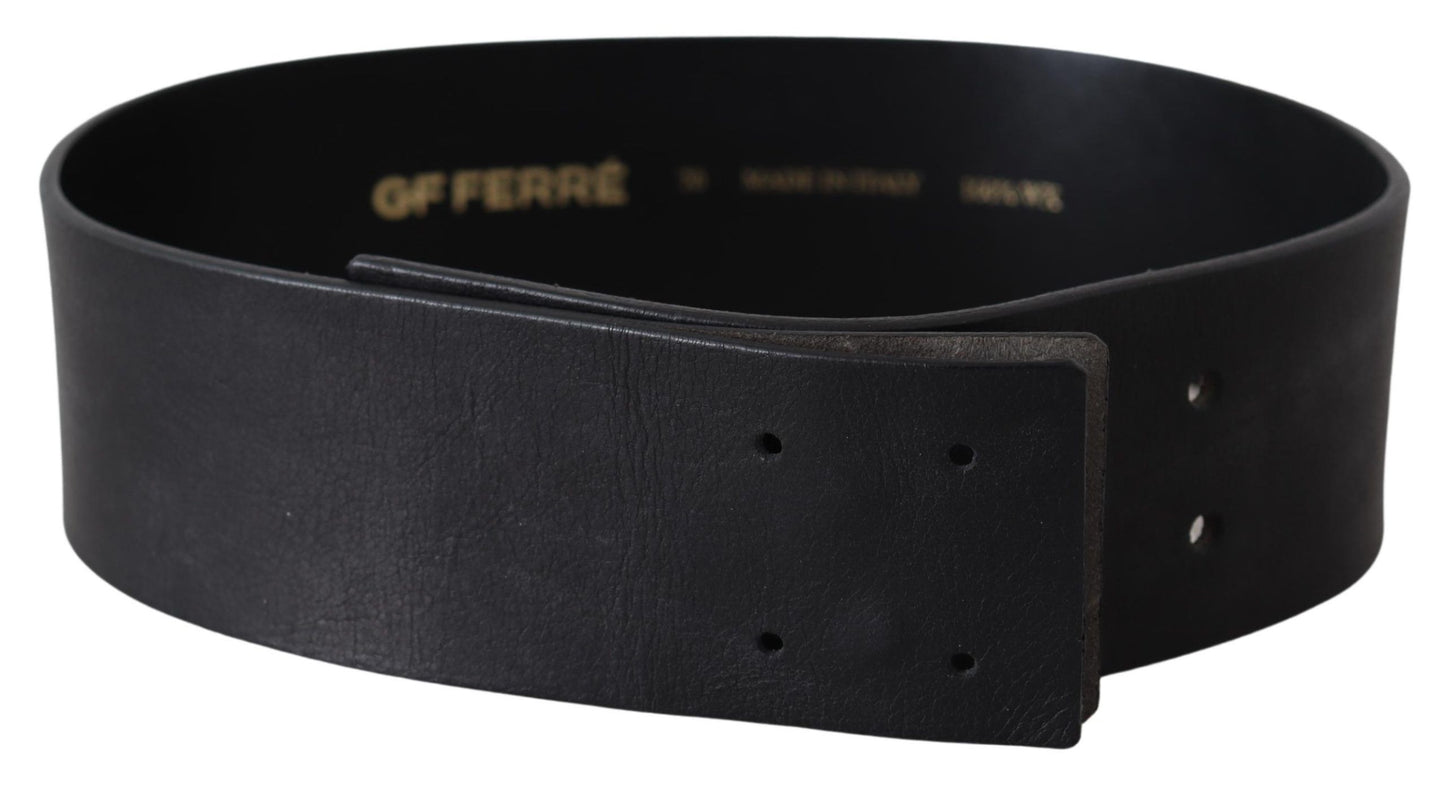 GF Ferre Black Genuine Leather Wide Logo Waist Belt