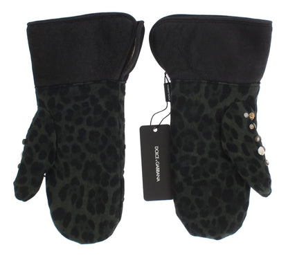 Dolce & Gabbana Gray Wool Shearling Studded Green Leopard Gloves