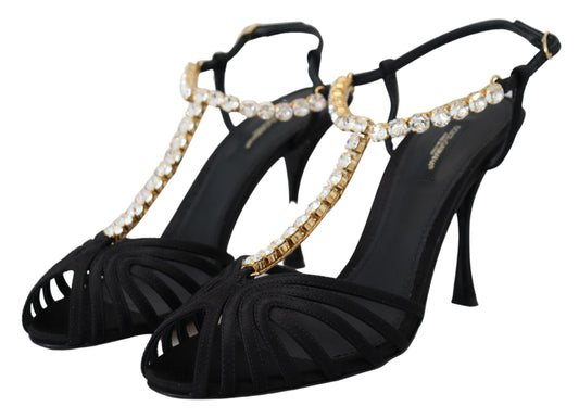 Dolce & Gabbana Black Satin Clear Crystal T-strap Sandal Shoes
