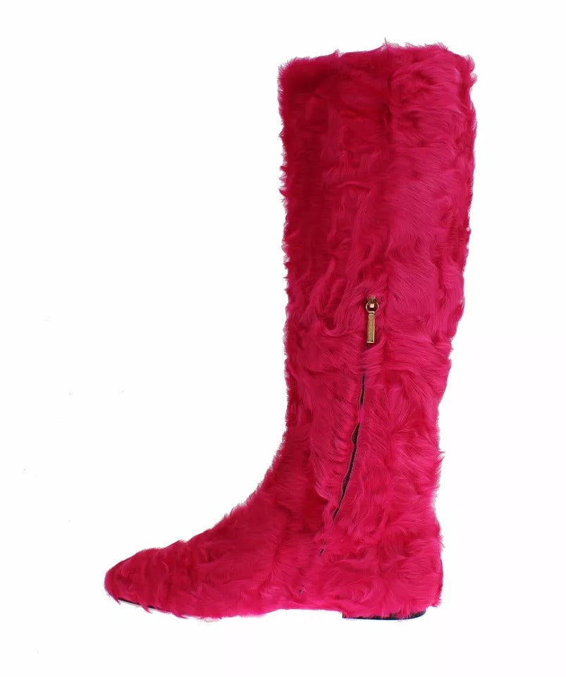 Dolce & Gabbana Pink Lamb Fur Leather Flat Boots Shoes