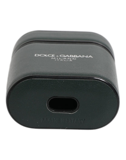 Dolce & Gabbana Green Calfskin Leather Logo Print Flip Holder Airpods Case