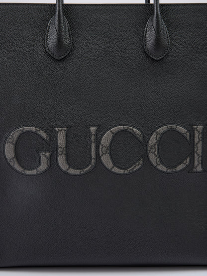 Gucci Black Leather Logo Medium Tote Bag