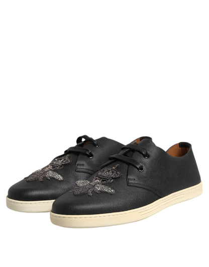 Dolce & Gabbana Black Leather Bee Crown Low Top Sneakers Shoes