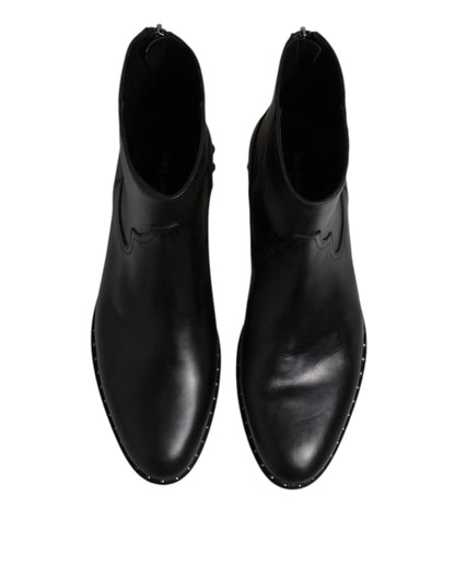 Dolce & Gabbana Black Leather Logo Ankle Boots Studded Shoes