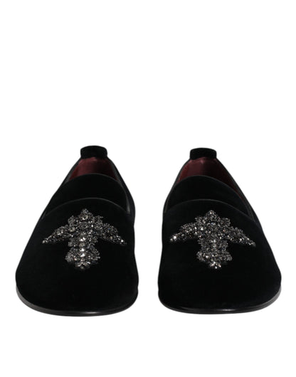Dolce & Gabbana Black Velvet Embellished Loafer Slip On Shoes