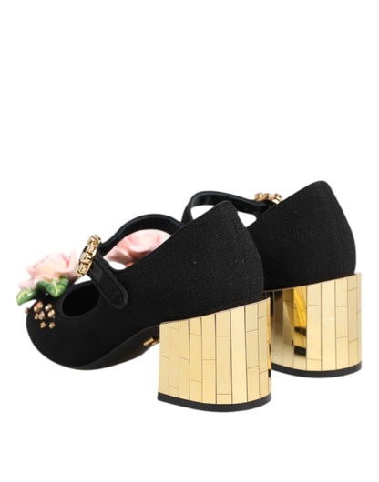 Dolce & Gabbana Black Flower Crystal Embellished Mary Jane Shoes