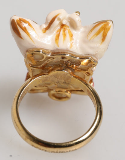 Dolce & Gabbana Gold Brass Resin Beige Dog Pet Accessory Ring
