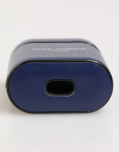 Dolce & Gabbana Blue Leather Logo Print Flip Holder Men Airpods Case
