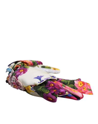 Dolce & Gabbana White Multicolor Floral Silk Bow Crystal Embellished Headband