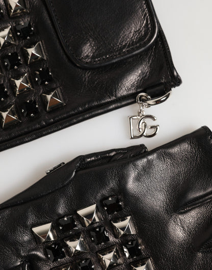 Dolce & Gabbana Black Leather Studded Fingerless Hand Mitten Men Gloves