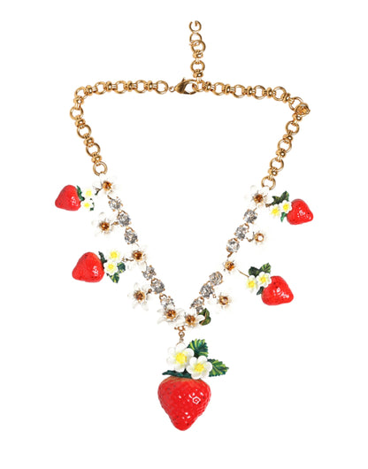 Dolce & Gabbana Gold Brass FRUIT Pendants Flowers Crystal Logo Necklace