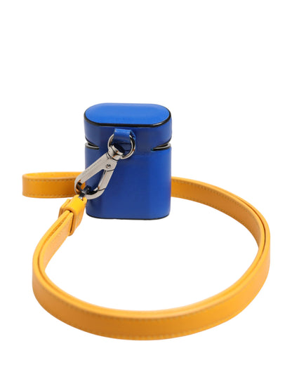 Dolce & Gabbana Blue Yellow Calfskin Leather Logo Strap Men Airpods Case