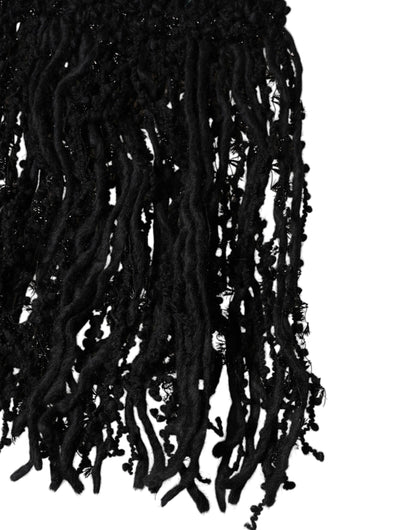 Dolce & Gabbana Black Wool Fringes Neck Wrap Foulard Scarf